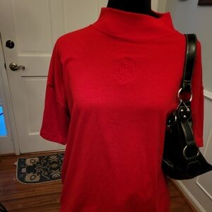 4/$19 Vintage, 90's Red Mockneck Embroidered Top Sz Large Preppy
